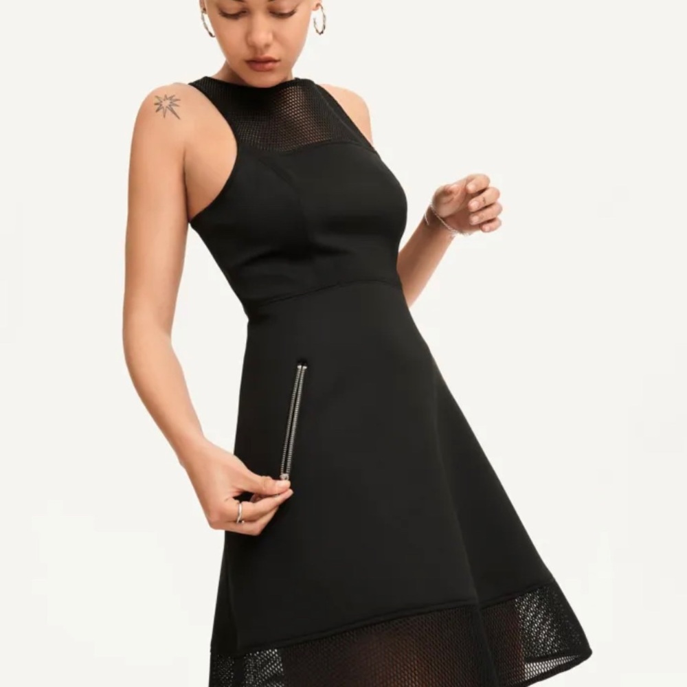 DKNY black mesh mixed media fit flare dress NWT